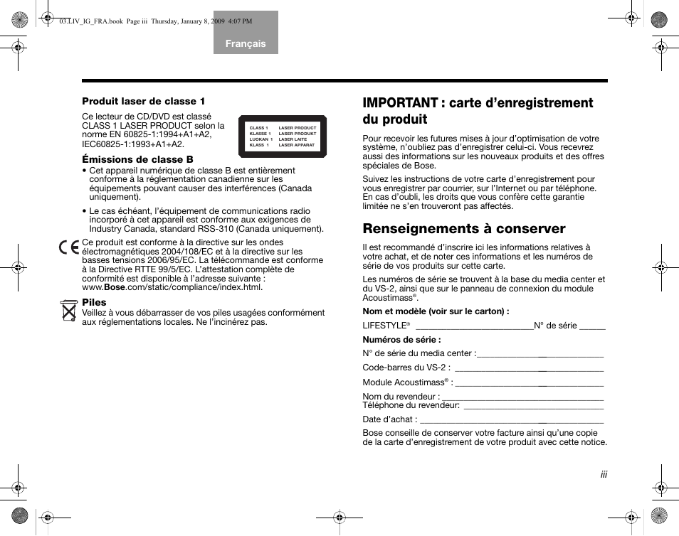 Important : carte d’enregistrement du produit, Renseignements à conserver | Bose AM314478 User Manual | Page 175 / 260
