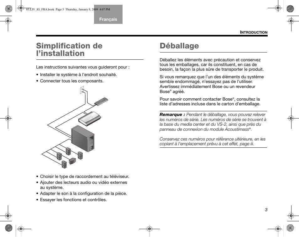 Simplification de l’installation, Déballage | Bose AM314478 User Manual | Page 179 / 260