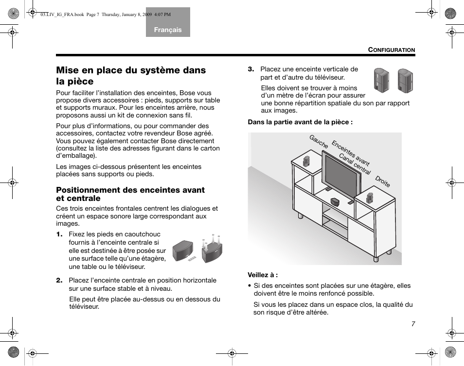 Mise en place du système dans la pièce, Positionnement des enceintes avant et centrale | Bose AM314478 User Manual | Page 183 / 260