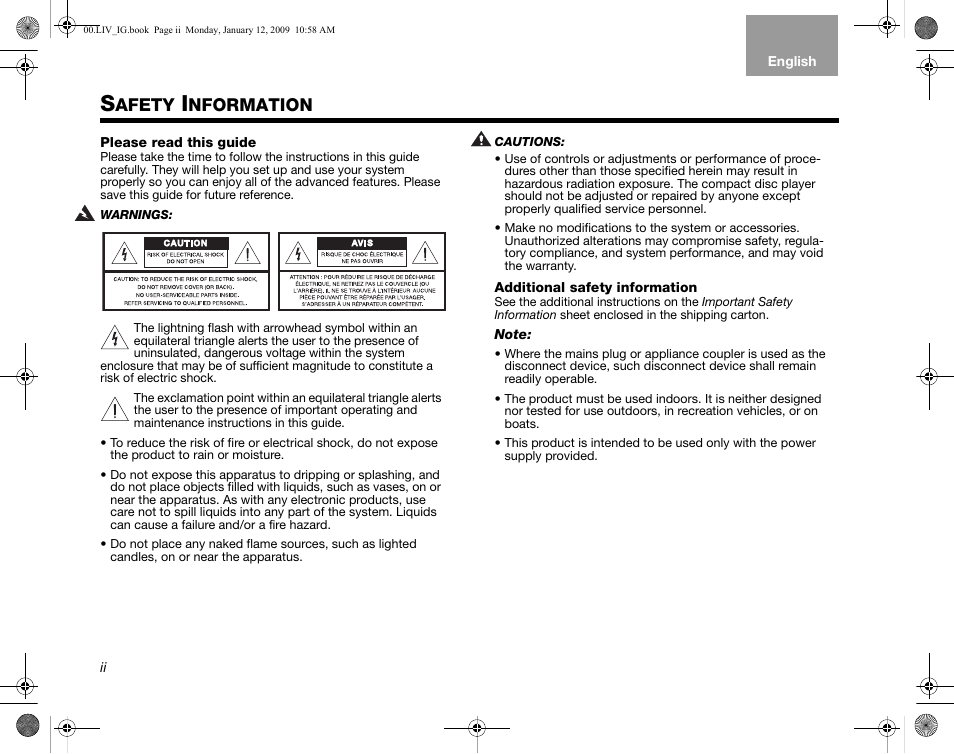 Afety, Nformation | Bose AM314478 User Manual | Page 2 / 260