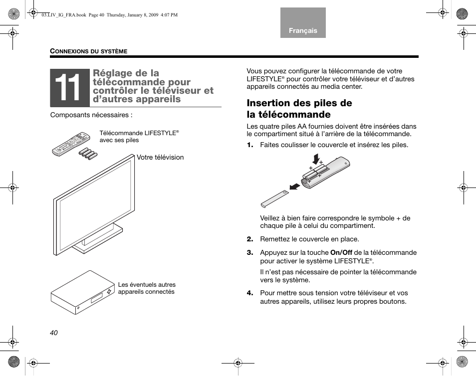 Insertion des piles de la télécommande | Bose AM314478 User Manual | Page 216 / 260
