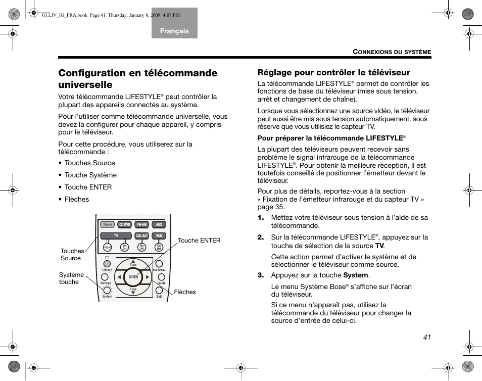 Configuration en télécommande universelle, Réglage pour contrôler le téléviseur | Bose AM314478 User Manual | Page 217 / 260
