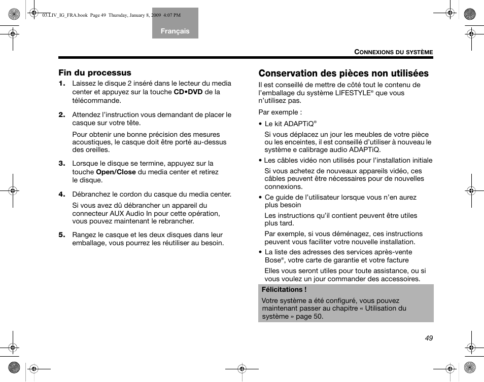 Fin du processus, Conservation des pièces non utilisées | Bose AM314478 User Manual | Page 225 / 260