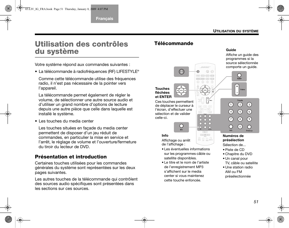Utilisation des contrôles du système, Présentation et introduction, Télécommande | Bose AM314478 User Manual | Page 227 / 260