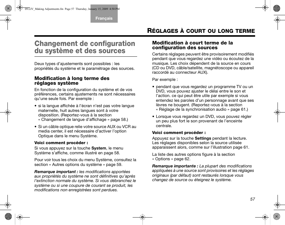Églages, Court, Long | Terme, Modification à long terme des réglages système | Bose AM314478 User Manual | Page 233 / 260