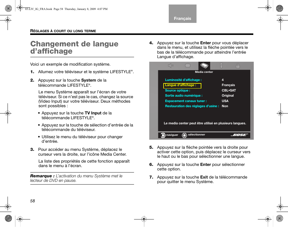 Changement de langue d’affichage | Bose AM314478 User Manual | Page 234 / 260