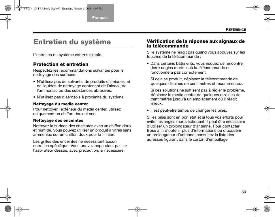 Entretien du système, Protection et entretien | Bose AM314478 User Manual | Page 245 / 260