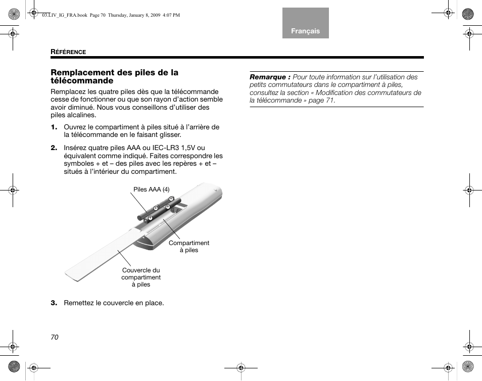 Remplacement des piles de la télécommande | Bose AM314478 User Manual | Page 246 / 260
