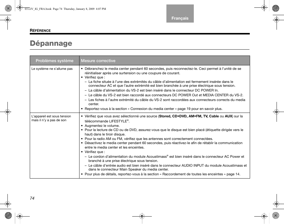 Dépannage | Bose AM314478 User Manual | Page 250 / 260