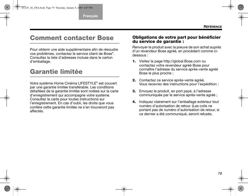 Comment contacter bose, Garantie limitée | Bose AM314478 User Manual | Page 255 / 260