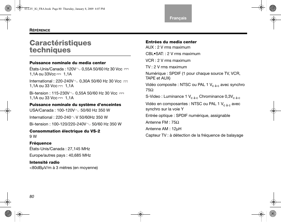 Caractéristiques techniques | Bose AM314478 User Manual | Page 256 / 260
