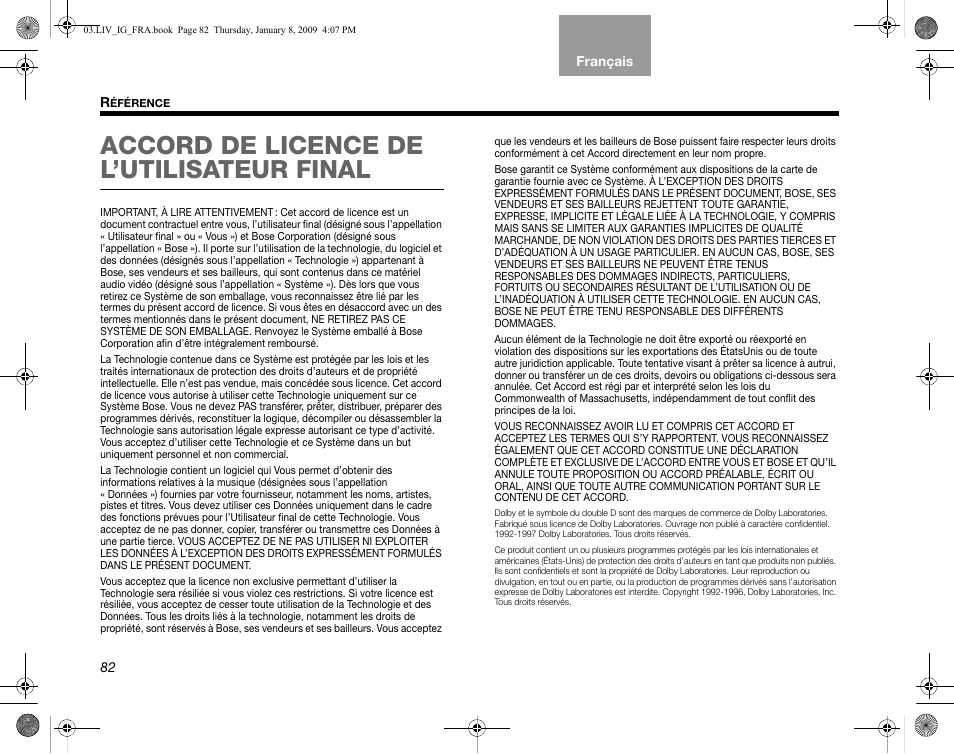 Accord de licence de l’utilisateur final | Bose AM314478 User Manual | Page 258 / 260
