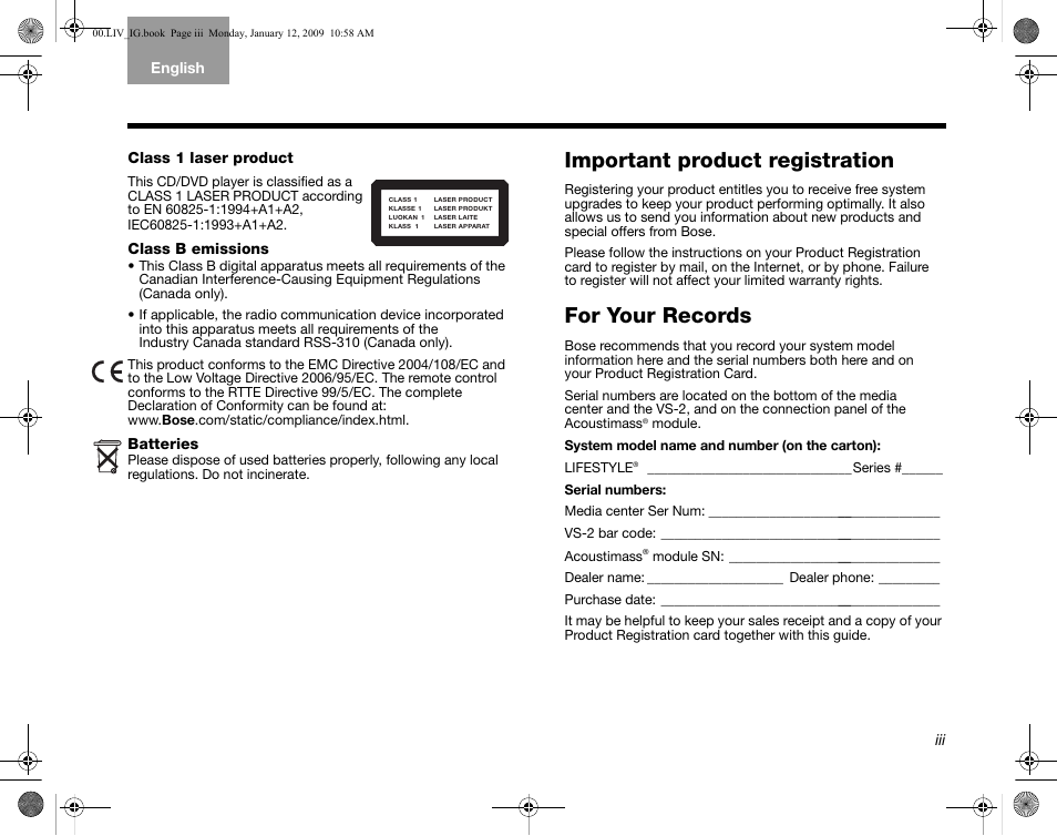 Important product registration, For your records | Bose AM314478 User Manual | Page 3 / 260