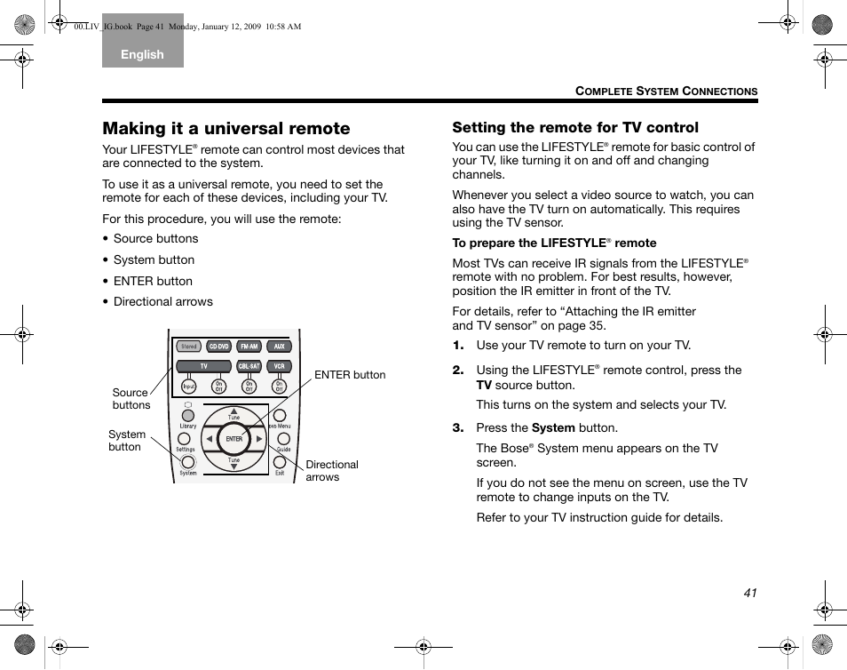 Making it a universal remote, Setting the remote for tv control | Bose AM314478 User Manual | Page 45 / 260