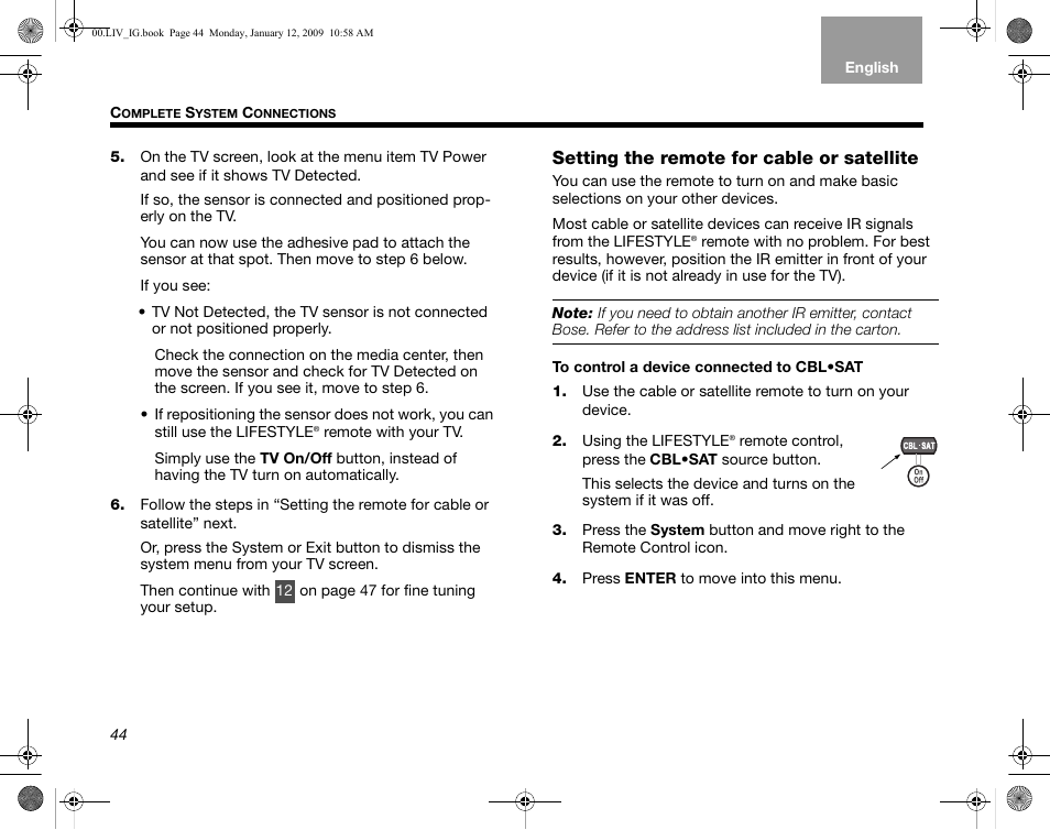 Setting the remote for cable or satellite | Bose AM314478 User Manual | Page 48 / 260