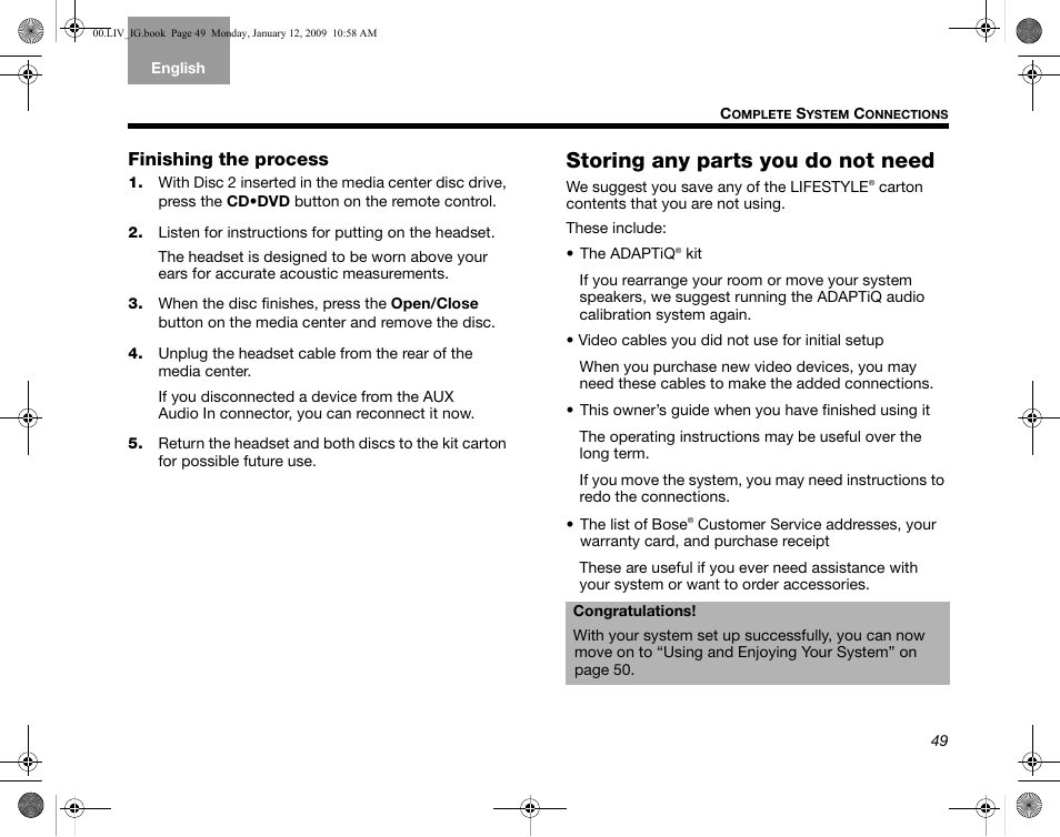Finishing the process, Storing any parts you do not need | Bose AM314478 User Manual | Page 53 / 260