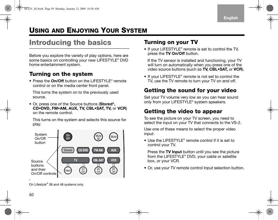 Turning on the system, Turning on your tv, Getting the sound for your video | Getting the video to appear, Introducing the basics, Sing, Njoying, Ystem | Bose AM314478 User Manual | Page 54 / 260