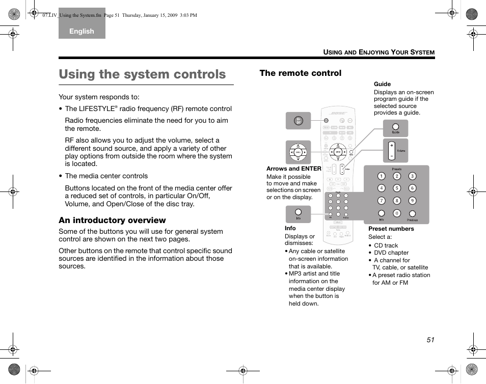 An introductory overview, The remote control, Using the system controls | Bose AM314478 User Manual | Page 55 / 260