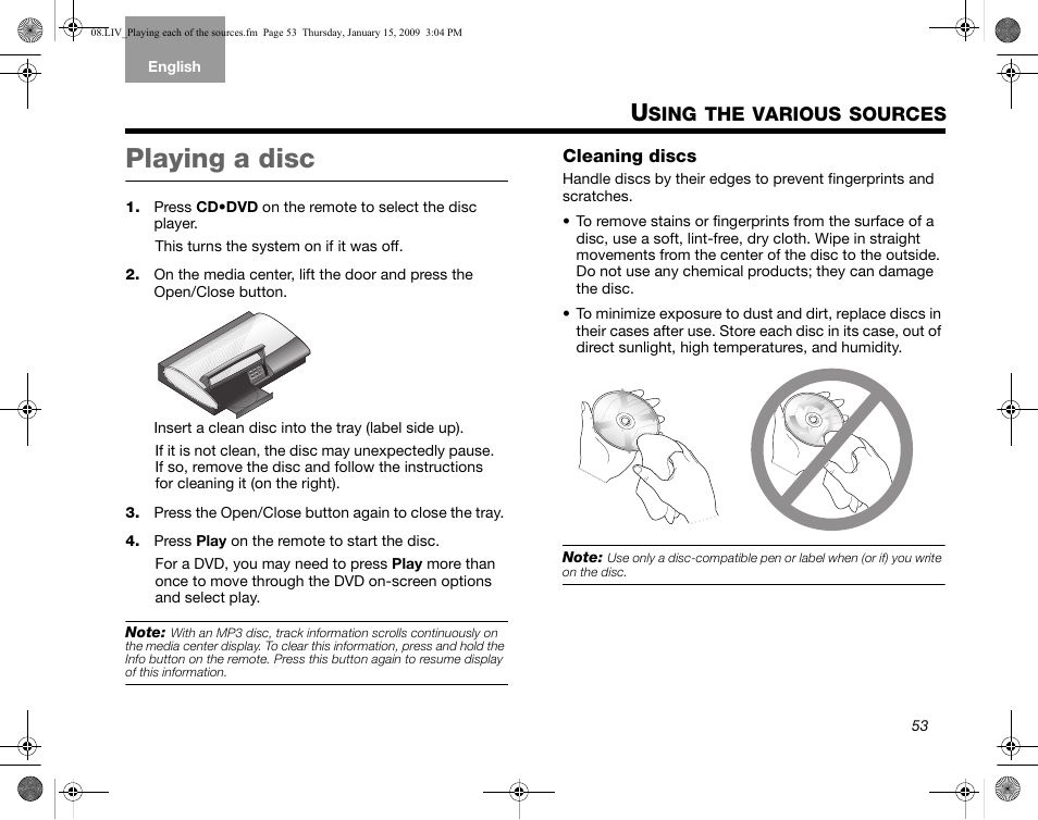 Playing a disc, Cleaning discs, Sing | Various, Sources | Bose AM314478 User Manual | Page 57 / 260