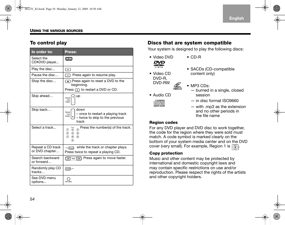 To control play, Discs that are system compatible | Bose AM314478 User Manual | Page 58 / 260