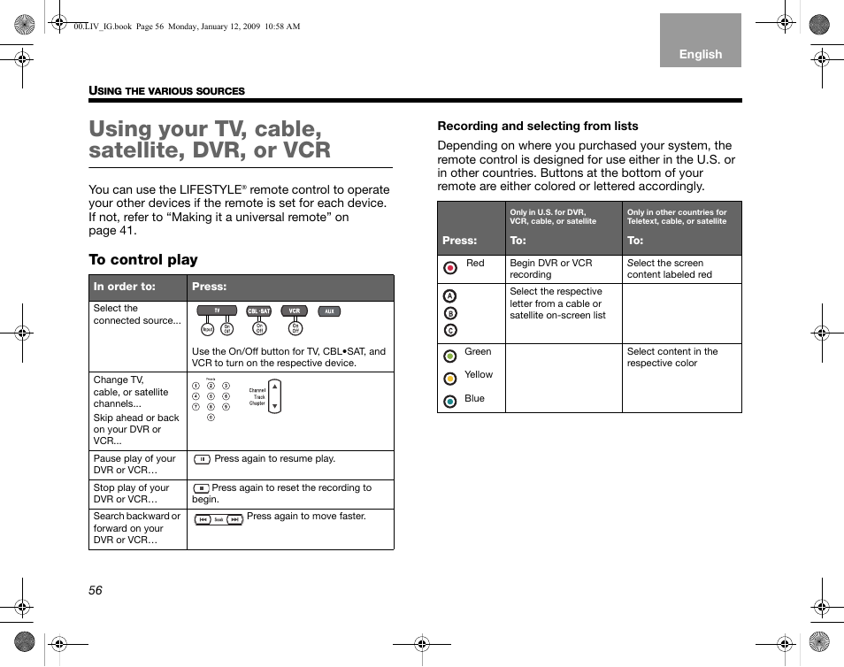 Using your tv, cable, satellite, dvr, or vcr, To control play | Bose AM314478 User Manual | Page 60 / 260