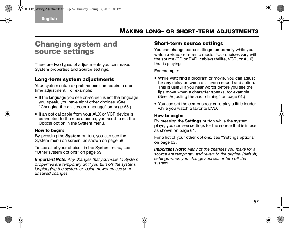 Changing system and source settings, Long-term system adjustments, Short-term source settings | Aking, Long, Short, Term, Adjustments | Bose AM314478 User Manual | Page 61 / 260