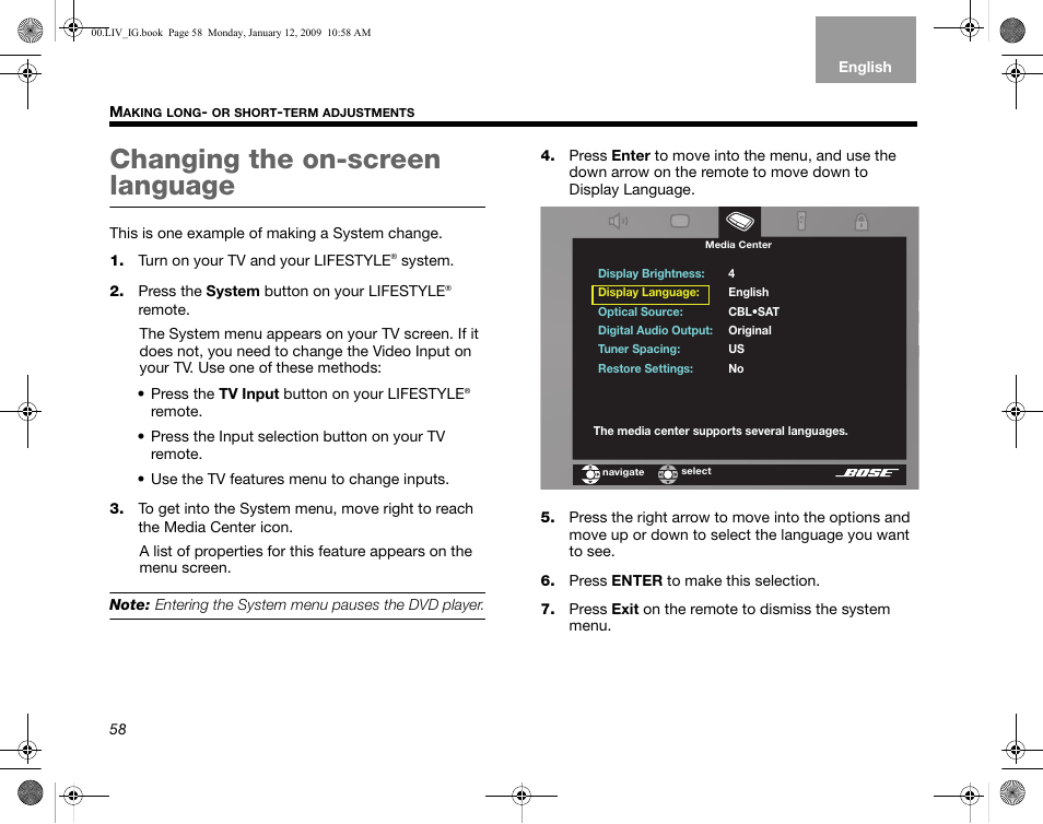 Changing the on-screen language | Bose AM314478 User Manual | Page 62 / 260