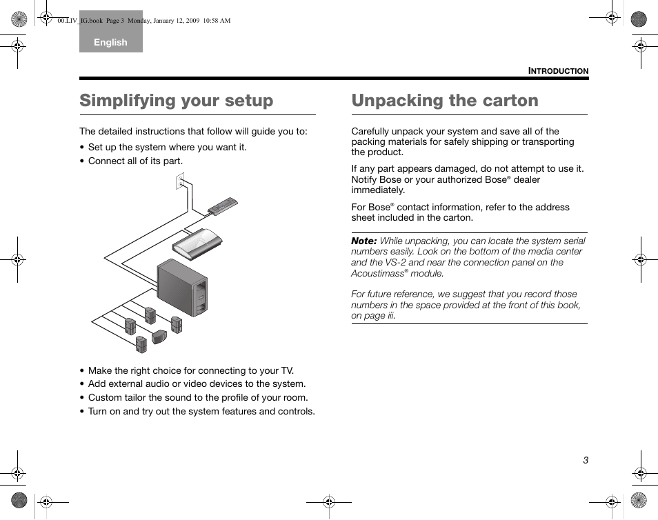Simplifying your setup, Unpacking the carton | Bose AM314478 User Manual | Page 7 / 260