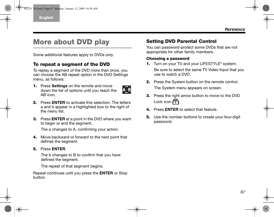 More about dvd play, To repeat a segment of the dvd, Setting dvd parental control | Bose AM314478 User Manual | Page 71 / 260