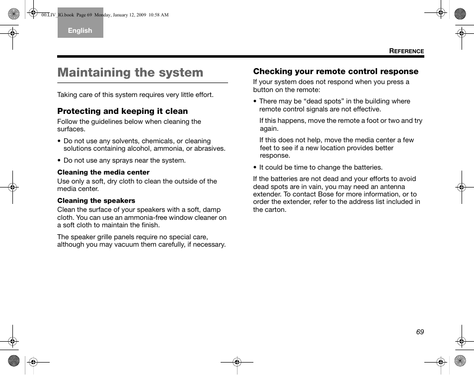 Maintaining the system, Protecting and keeping it clean, Checking your remote control response | Bose AM314478 User Manual | Page 73 / 260