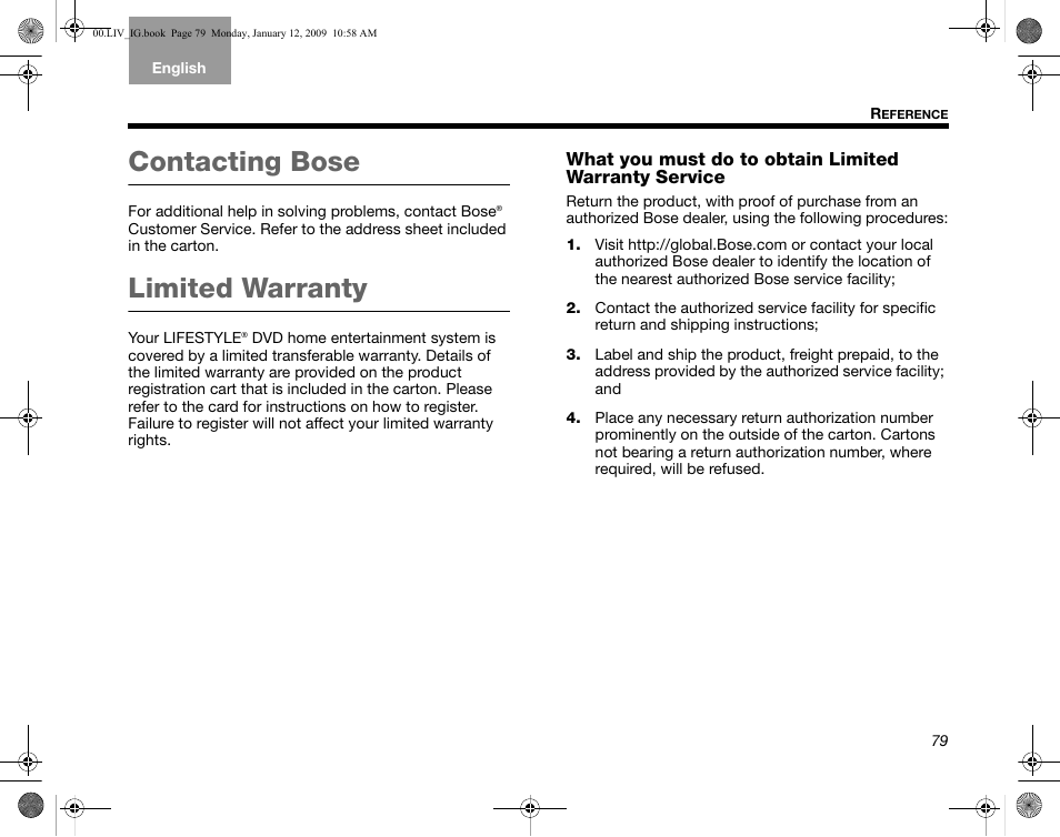 Contacting bose, Limited warranty | Bose AM314478 User Manual | Page 83 / 260