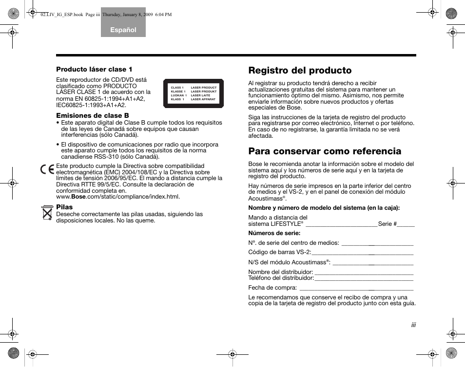 Registro del producto, Para conservar como referencia | Bose AM314478 User Manual | Page 89 / 260