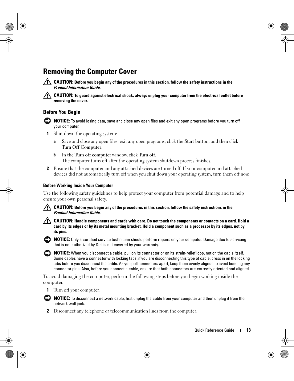 Removing the computer cover, Before you begin | Dell OptiPlex 745c (Early 2007) User Manual | Page 13 / 36