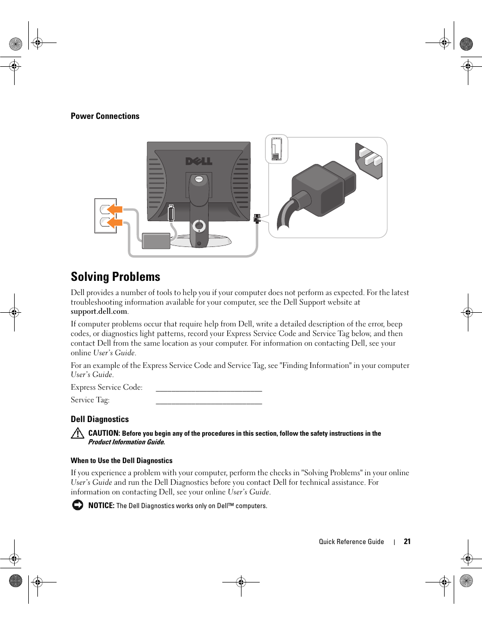Power connections, Solving problems, Dell diagnostics | Dell OptiPlex 745c (Early 2007) User Manual | Page 21 / 36