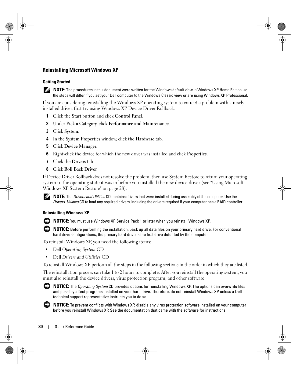 Reinstalling microsoft windows xp | Dell OptiPlex 745c (Early 2007) User Manual | Page 30 / 36