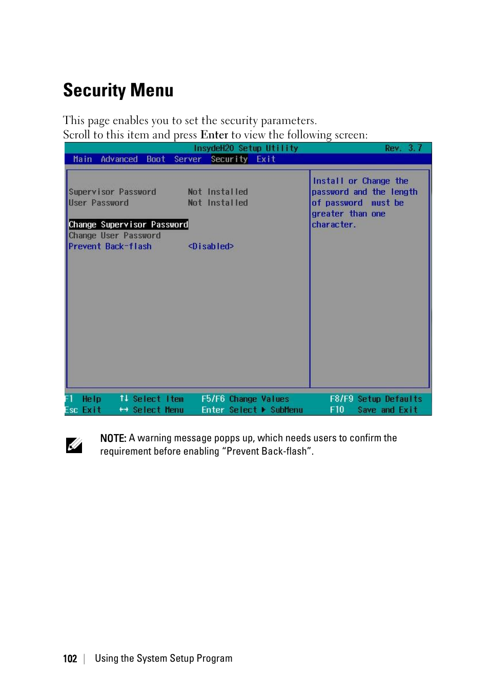 Security menu | Dell PowerEdge C6220 User Manual | Page 102 / 329