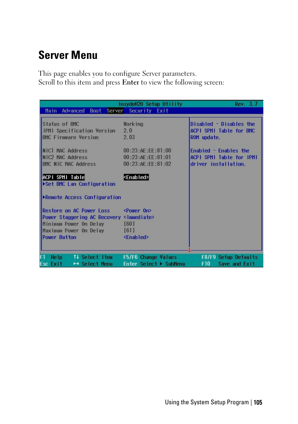Server menu | Dell PowerEdge C6220 User Manual | Page 105 / 329