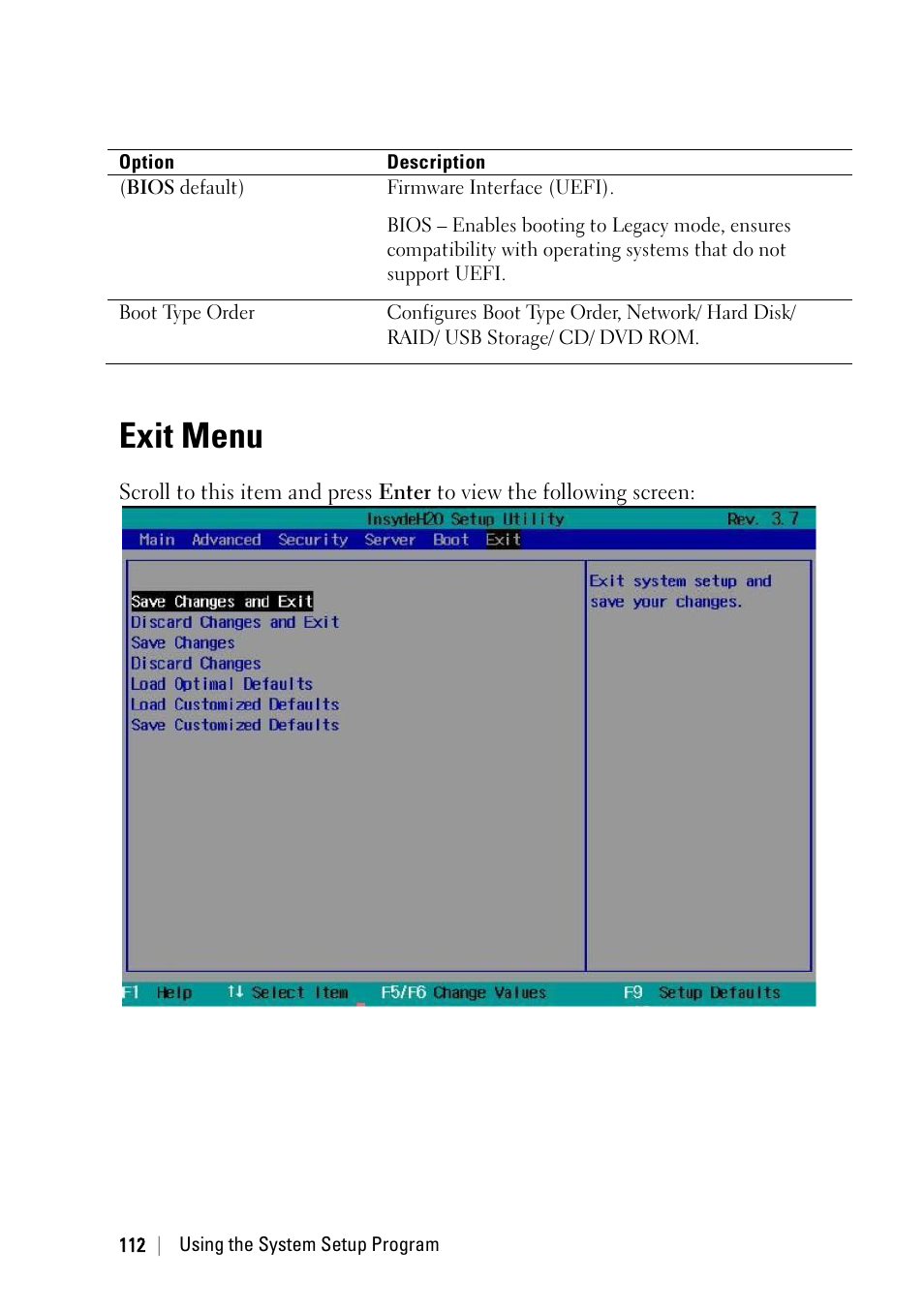 Exit menu | Dell PowerEdge C6220 User Manual | Page 112 / 329