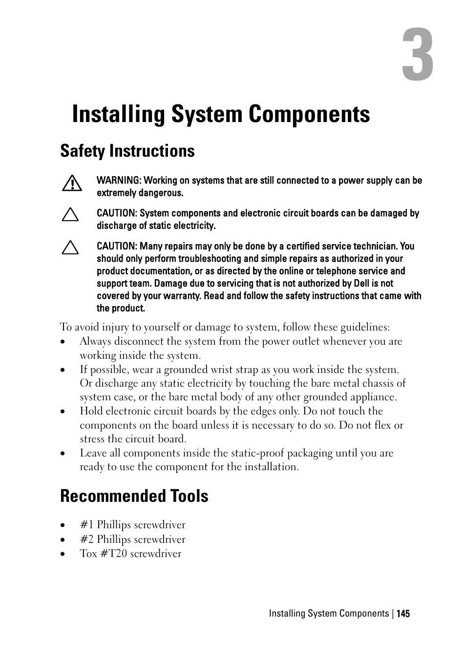 Installing system components, Safety instructions, Recommended tools | Dell PowerEdge C6220 User Manual | Page 145 / 329