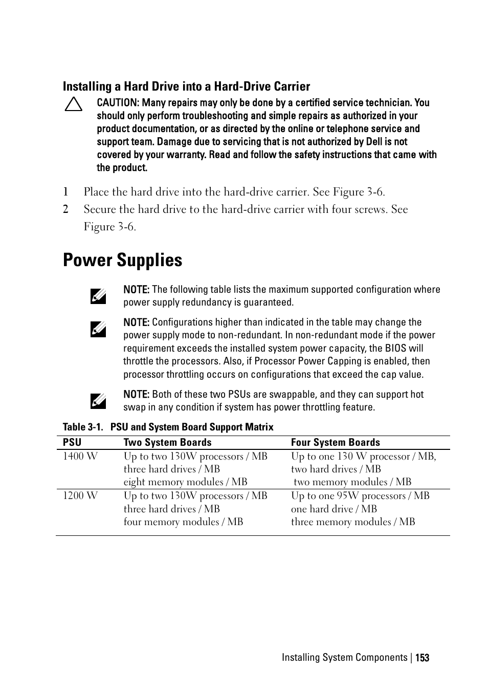 Installing a hard drive into a hard-drive carrier, Power supplies | Dell PowerEdge C6220 User Manual | Page 153 / 329
