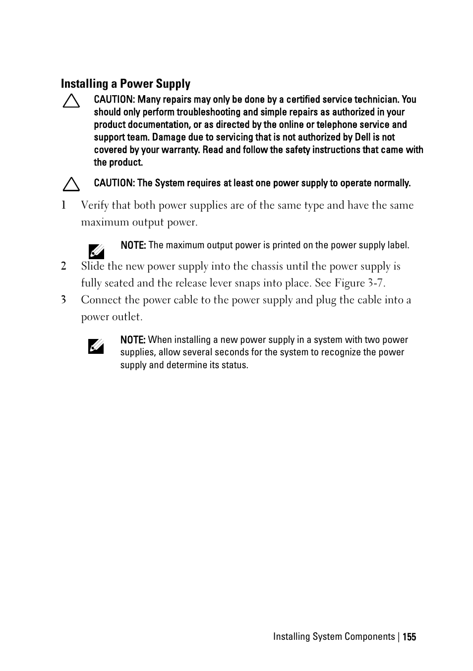 Installing a power supply | Dell PowerEdge C6220 User Manual | Page 155 / 329