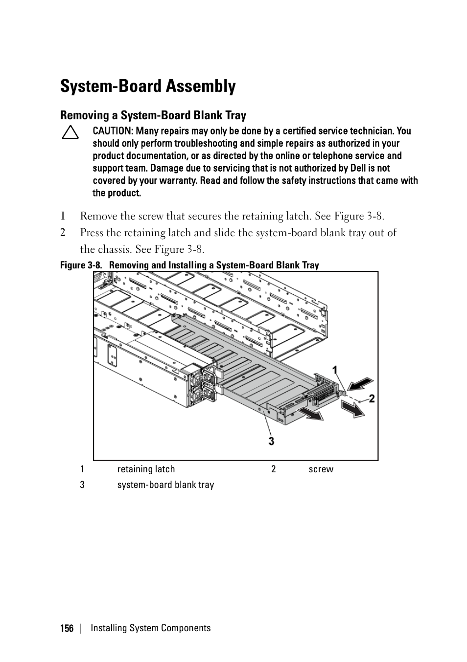 System-board assembly, Removing a system-board blank tray | Dell PowerEdge C6220 User Manual | Page 156 / 329