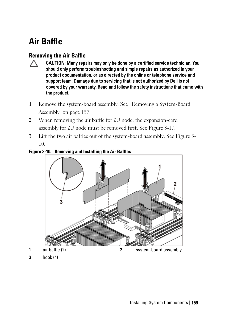 Air baffle, Removing the air baffle | Dell PowerEdge C6220 User Manual | Page 159 / 329