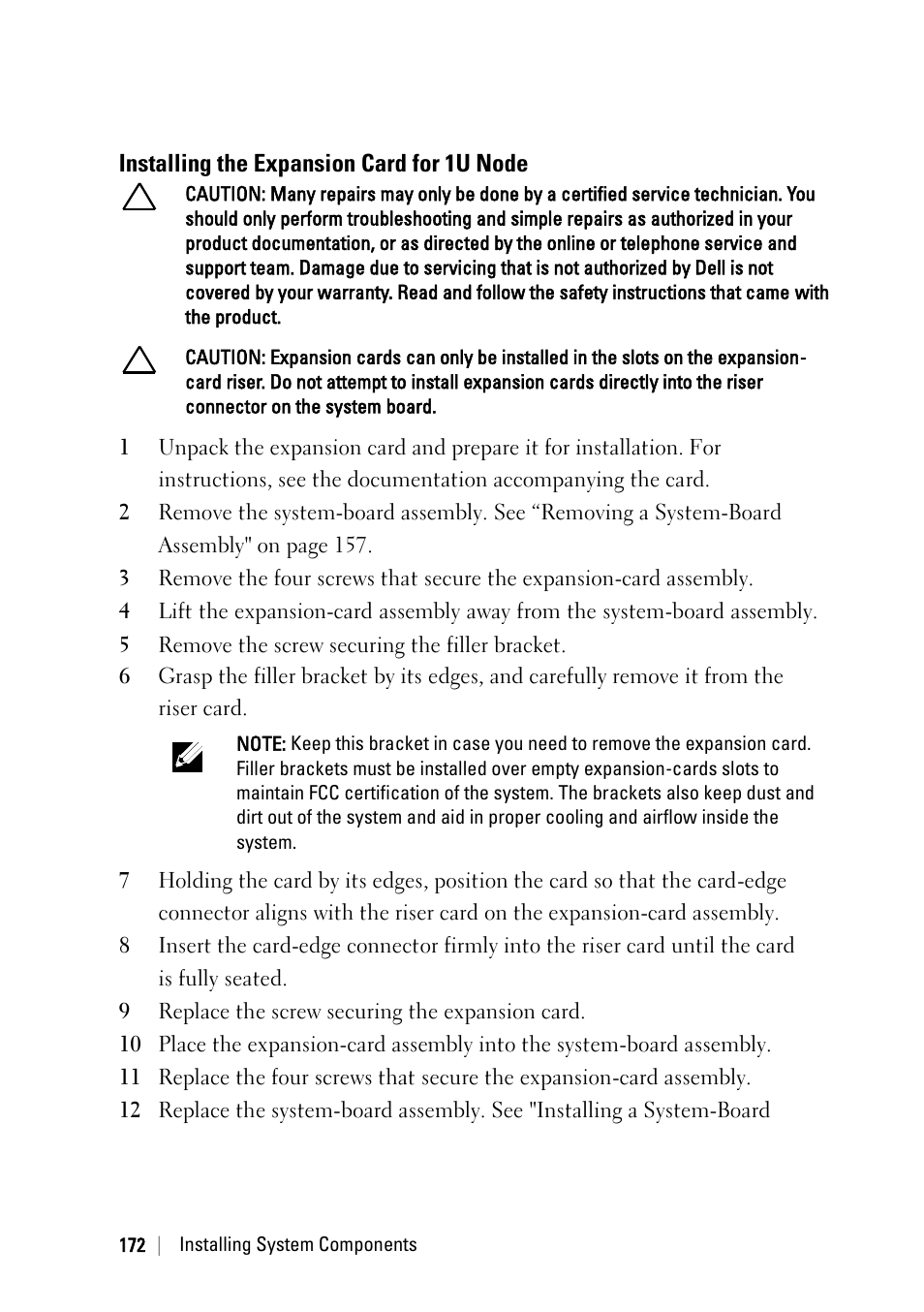 Installing the expansion card for 1u node | Dell PowerEdge C6220 User Manual | Page 172 / 329