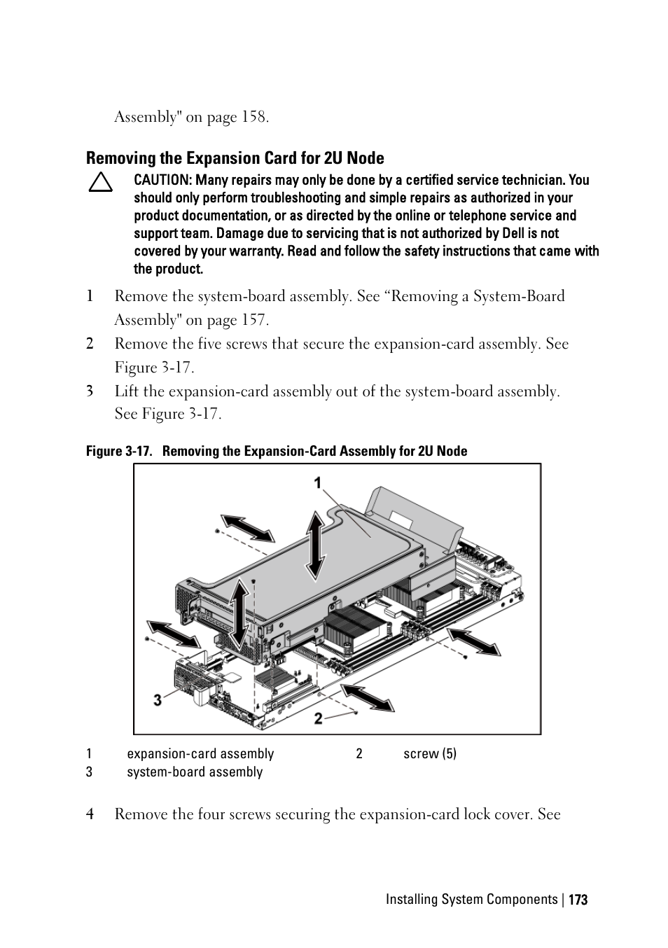 Removing the expansion card for 2u node, Ee figure 3-17 | Dell PowerEdge C6220 User Manual | Page 173 / 329