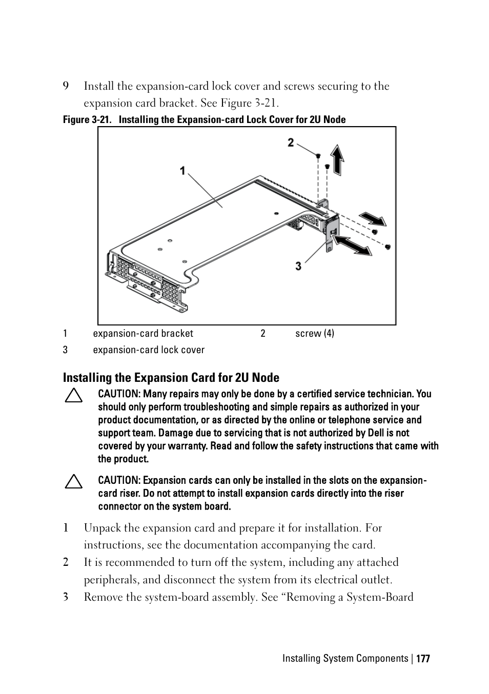 Installing the expansion card for 2u node | Dell PowerEdge C6220 User Manual | Page 177 / 329