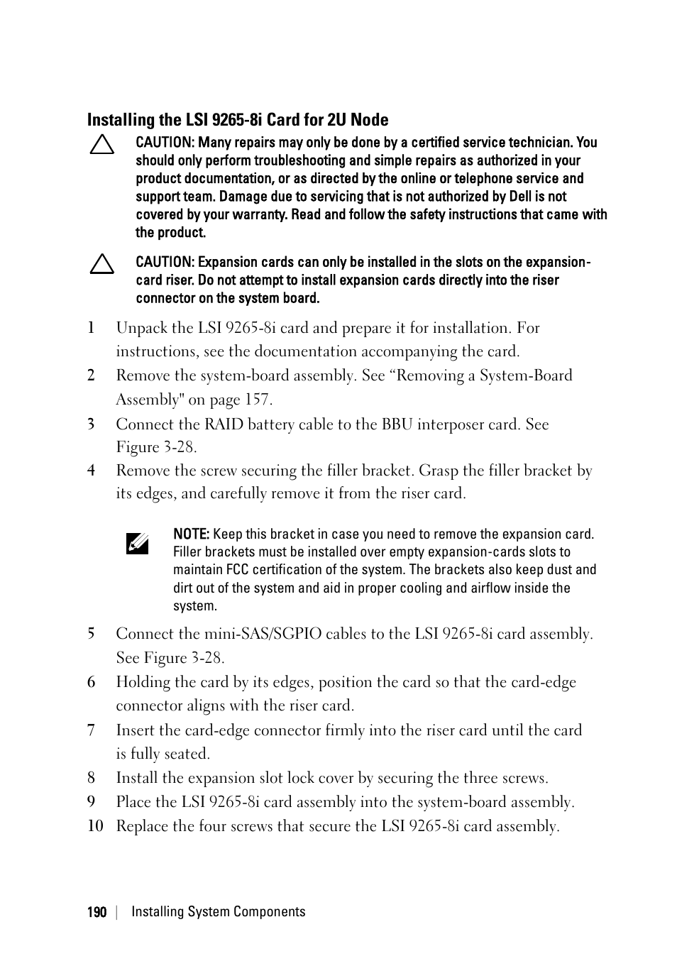 Installing the lsi 9265-8i card for 2u node | Dell PowerEdge C6220 User Manual | Page 190 / 329