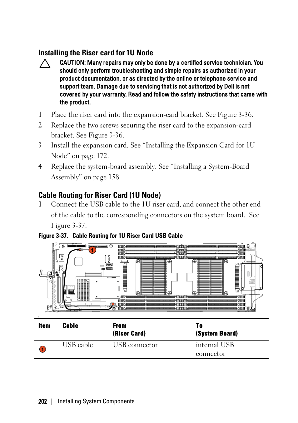Installing the riser card for 1u node, Cable routing for riser card (1u node) | Dell PowerEdge C6220 User Manual | Page 202 / 329