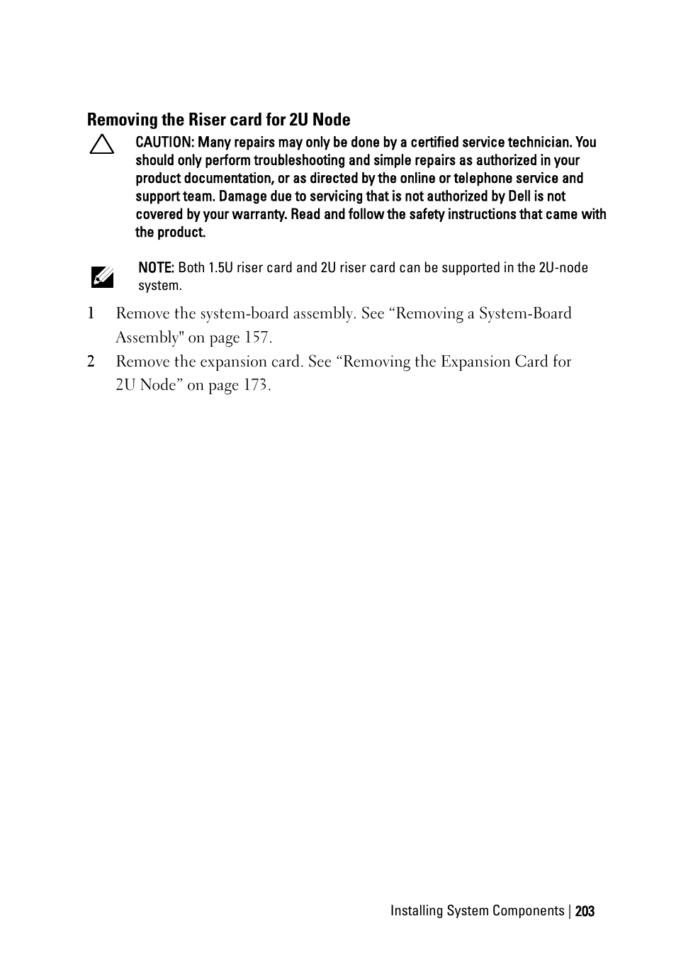 Removing the riser card for 2u node | Dell PowerEdge C6220 User Manual | Page 203 / 329
