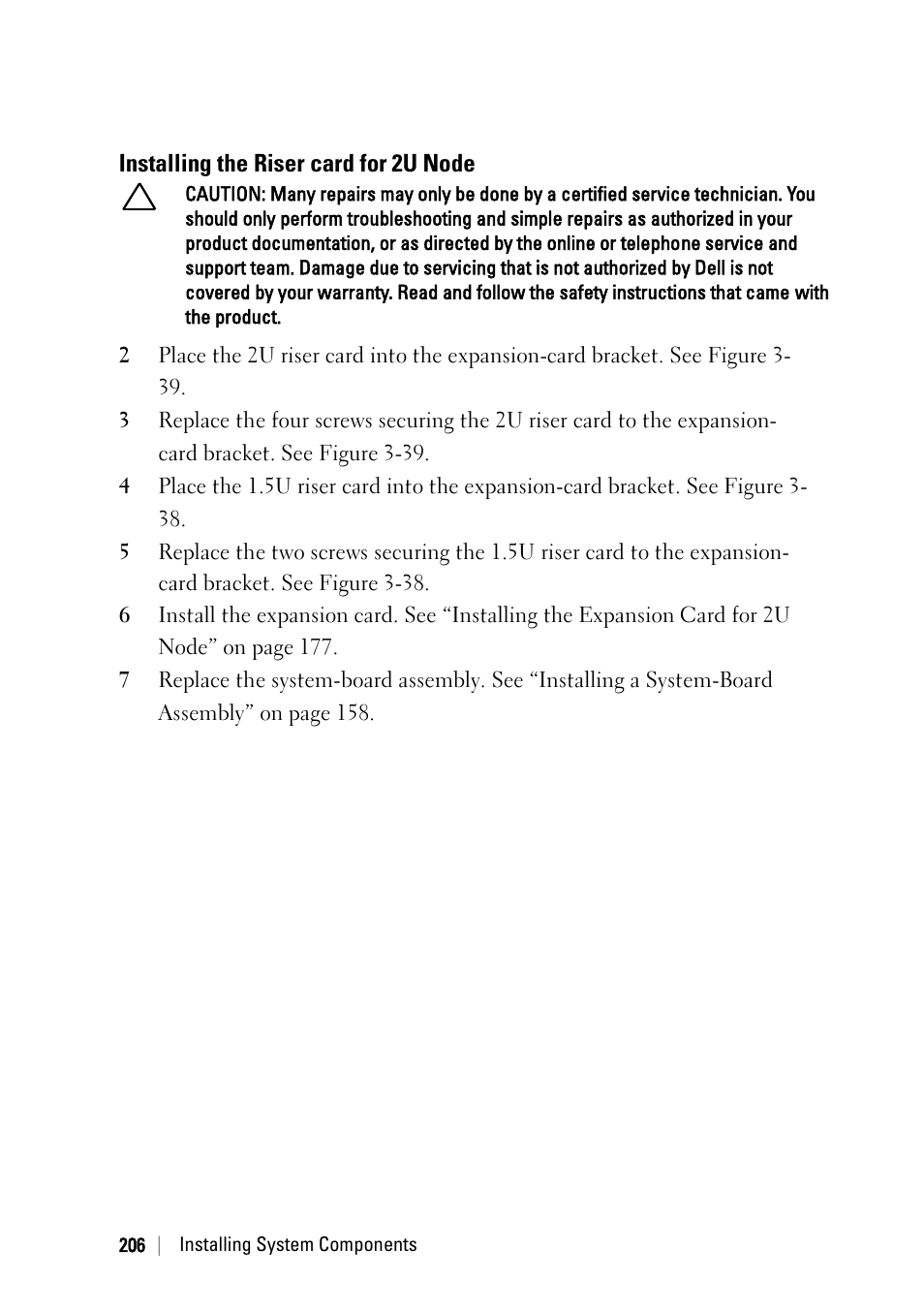 Installing the riser card for 2u node | Dell PowerEdge C6220 User Manual | Page 206 / 329